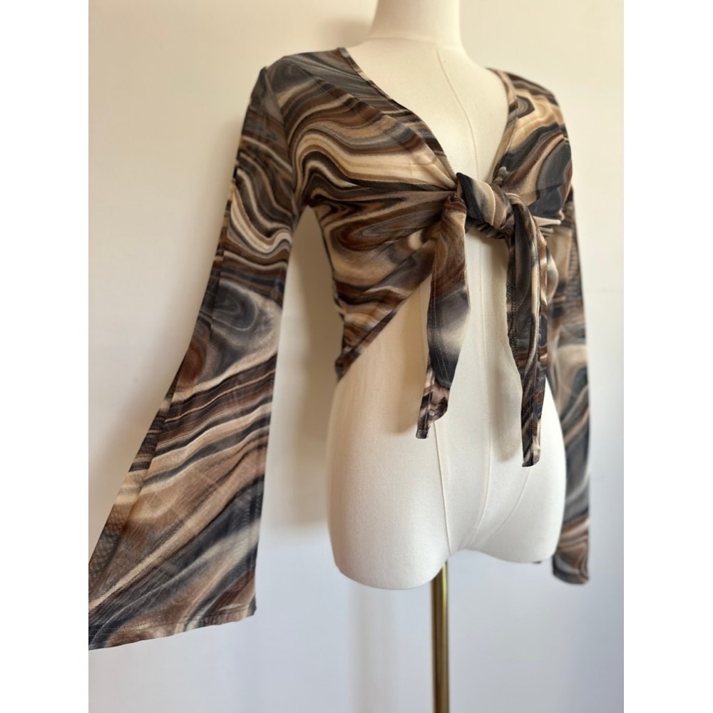 🤎 Brown Mesh Tie Front Crop Top Marble Swirl Bell Sleeves Y2K Style Small 🤎